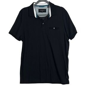 Ted Baker Polo Shirt Mens 5 Black Geometric DUKWRTH Short Sleeve Cotton Pocket